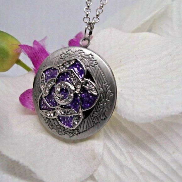 Rhinestone Rose Purple Silver Locket Necklace Rnd - Picture 3 of 8